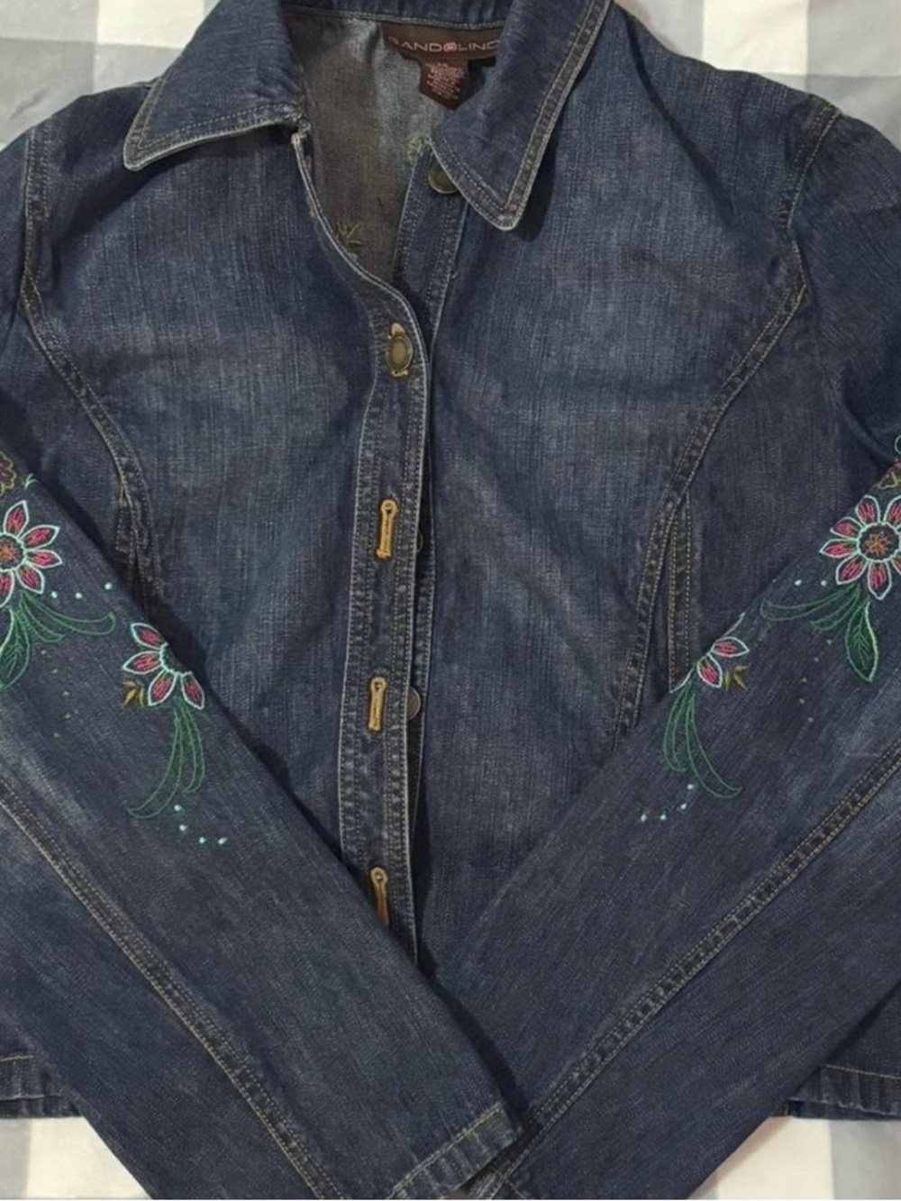 Bandolino Dark Blue Denim Jacket with Floral Sleeve Embroidery